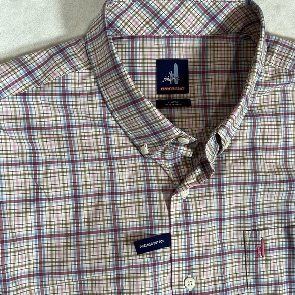 New W/O Tags Johnnie-O XL Prep-Formance Button Front Blue Plaid Stretch Shirt - Picture 5 of 9